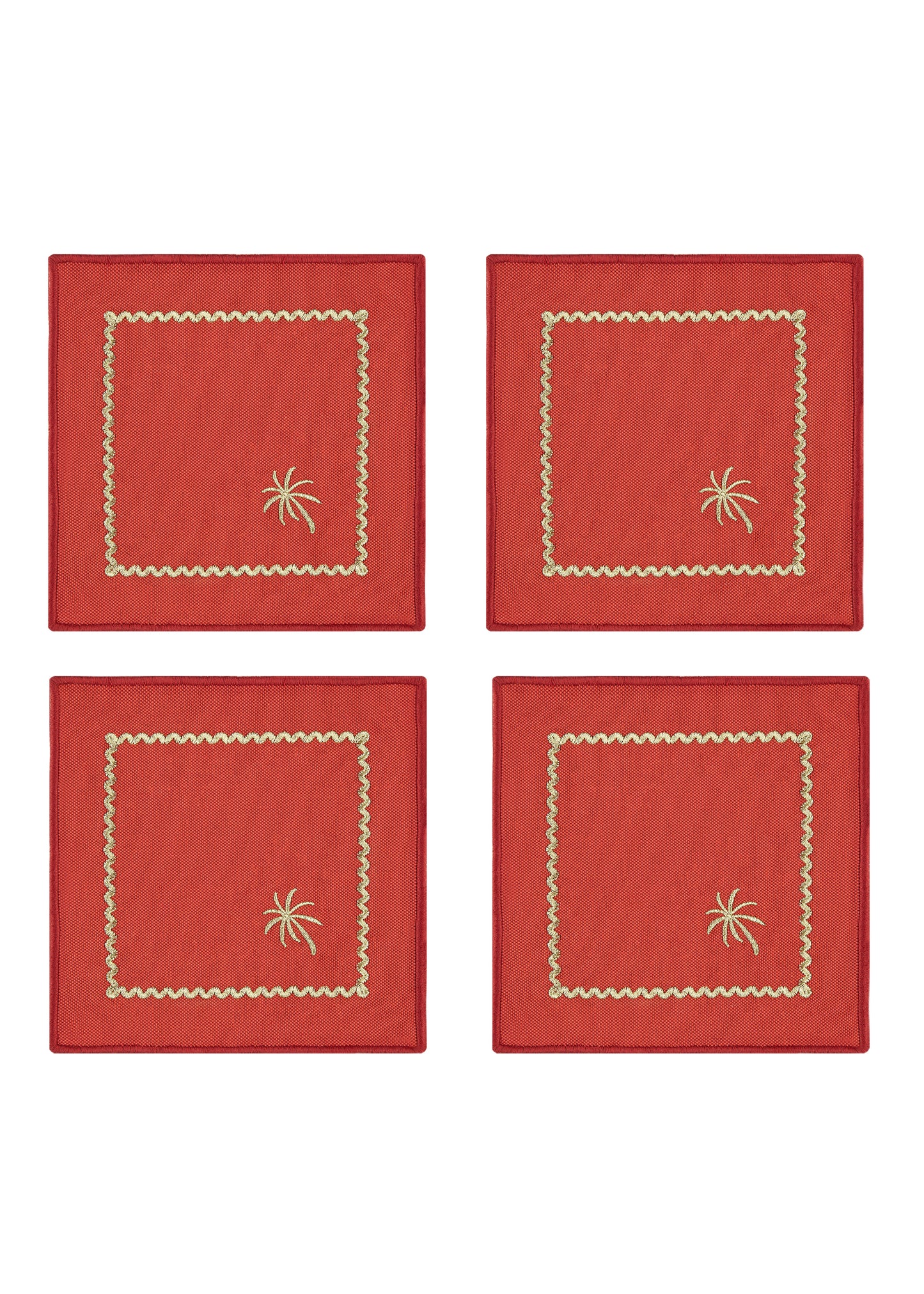 Kiremit Kırmızısı Nakışlı 4'lü Kokteyl Peçetesi Seti - “ Brick Red Palm Charm”