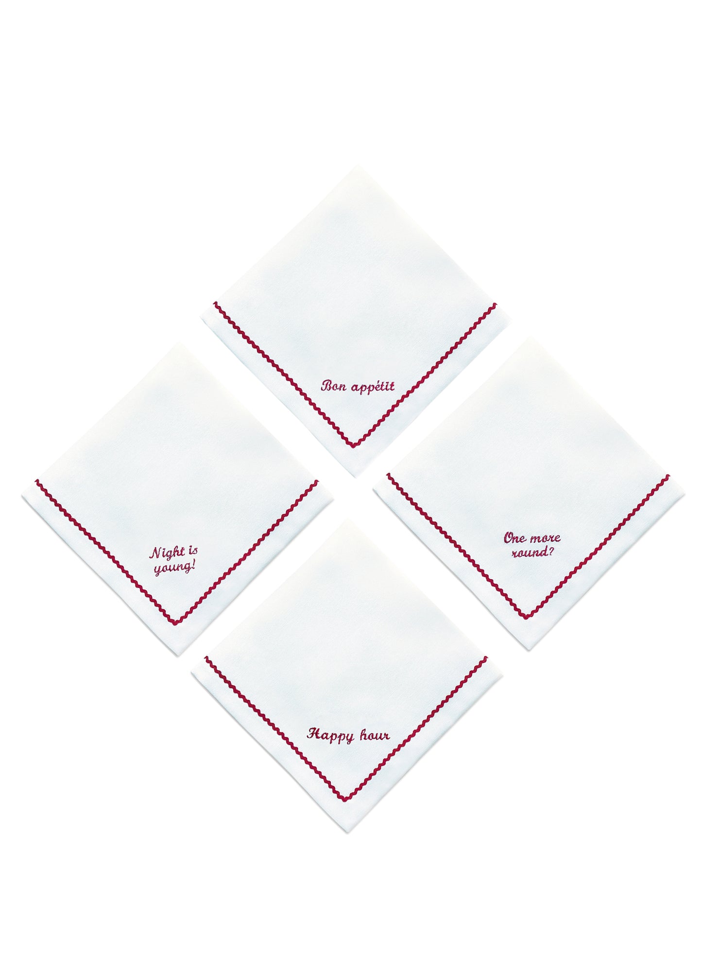 Greetings - Set of 4 Zigzag Napkins with Red Embroidery on White - 40x40 cm