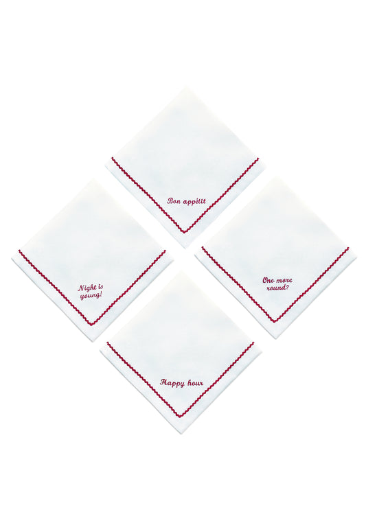 Greetings - Set of 4 Zigzag Napkins with Red Embroidery on White - 40x40 cm