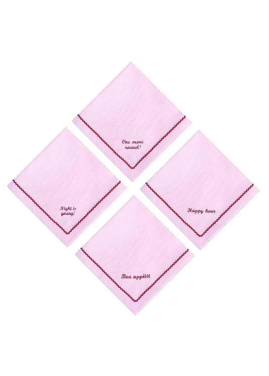 Greetings - Set of 4 Zigzag Napkins with Red Embroidery on Pink - 40x40 cm